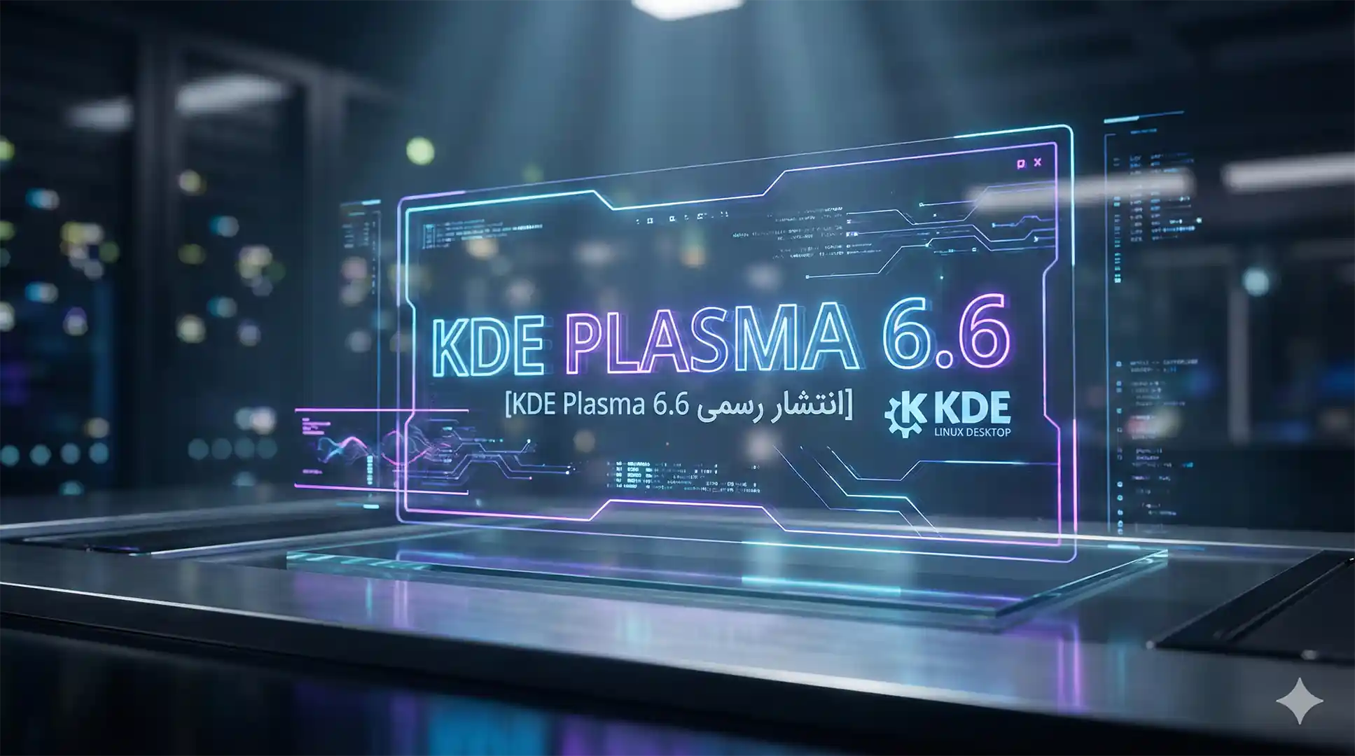 در یک فضای تیره و مدرن شبیه اتاق سرور یا آزمایشگاه فناوری، یک پنل شفافِ هولوگرافیک با قاب نئون آبی و بنفش روی سطحی براق قرار گرفته و مانند نمایشگر معلق می‌درخشد. در مرکز پنل، عبارت بزرگ «KDE PLASMA 6.6» دیده می‌شود و زیر آن متنی ترکیبی انگلیسی/فارسی قرار دارد که به «انتشار رسمی KDE Plasma 6.6» اشاره می‌کند. سمت راست پنل لوگوی KDE و عبارت «KDE LINUX DESKTOP» دیده می‌شود. اطراف متن، خطوط رابط کاربری آینده‌نگر، ریزنوشته‌های شبیه کد، نمودارهای کوچک و قاب‌های اطلاعاتی تزئینی قرار گرفته‌اند. پس‌زمینه محو و پر از نقاط نور رنگی و سازه‌های شبیه رک‌های سرور است و در گوشه پایین تصویر یک آیکن ستاره‌ای کوچک دیده می‌شود.