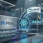 یک رندر سه‌بعدی سینمایی و مدرن از یک محیط تکنولوژی سطح بالا که انتقال ری‌اکت به بنیاد لینوکس را نمایش می‌دهد. در تصویر لوگوی متا در پس‌زمینه و لوگوی ری‌اکت و بنیاد لینوکس در مرکز قرار دارند. یک پنل هولوگرافیک در قسمت جلو با متن فارسی «ری‌اکت از زیرمجموعگی متا خارج شد؛ بنیاد ری‌اکت زیر چتر بنیاد لینوکس تاسیس شد» دیده می‌شود. محیط دارای نورپردازی نئونی آبی و بنفش، جلوه‌های بوکه و اتمسفری حرفه‌ای و آینده‌نگرانه است.